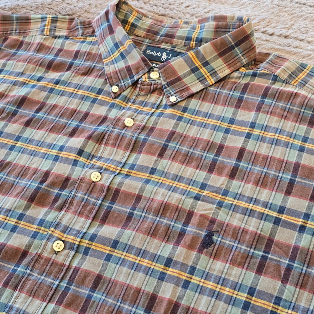 Ralph Lauren Classic Fit Plaid Shirt Mens 3XB Big Short Sleeve Brown Blue Check